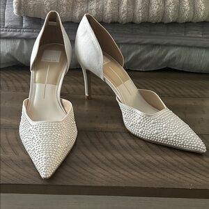 Elegant White Pearl-Embellished Women's Heels Satin. Never been worn